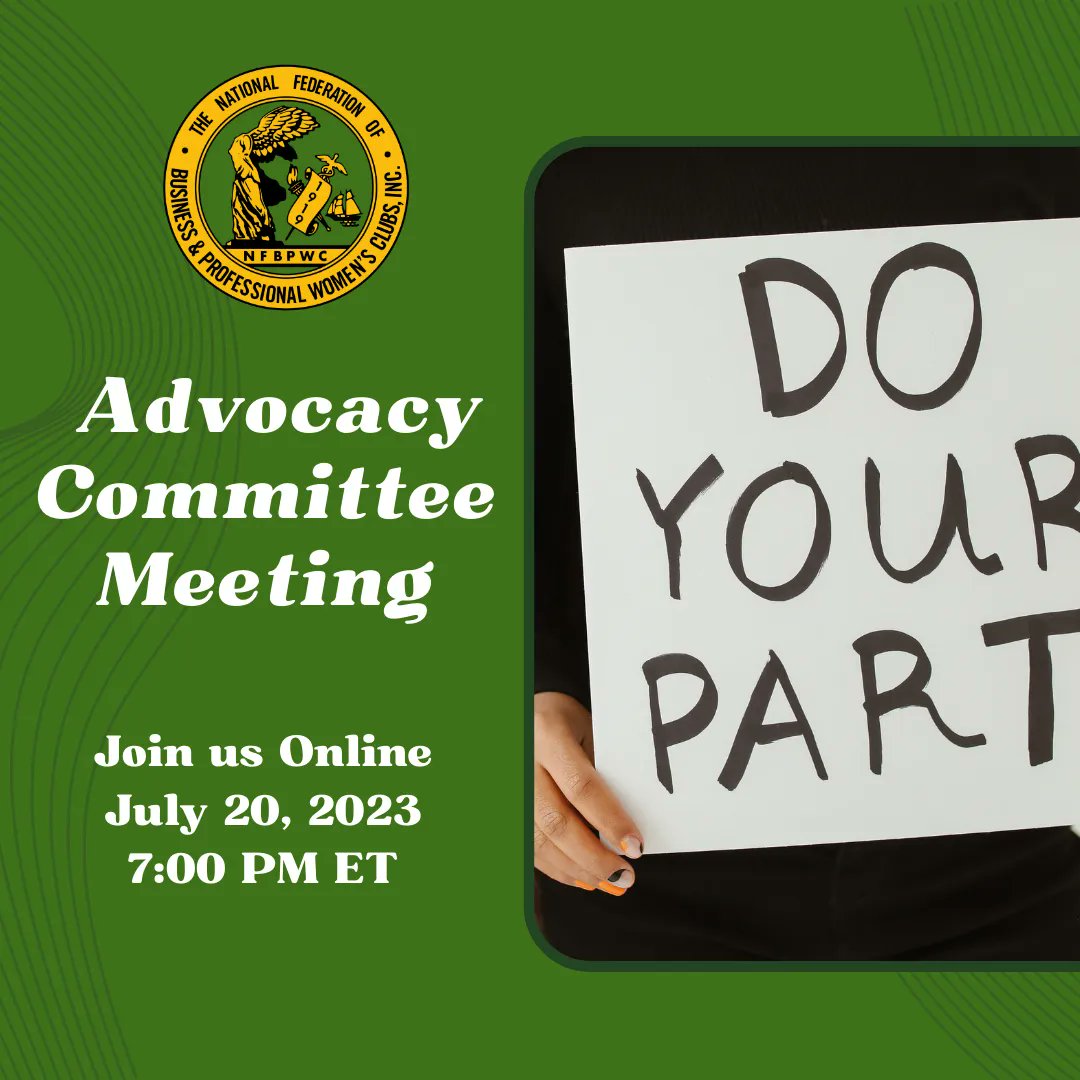 You are invited to join the A-Team for the next Advocacy Committee Meeting. Daneene Monroe Rusnak will preside as the Committee Chair as we discuss issues, initiatives, and goals. Join us online on July 20th, 7 pm ET. Visit buff.ly/3XGS09D to register. #advocacy