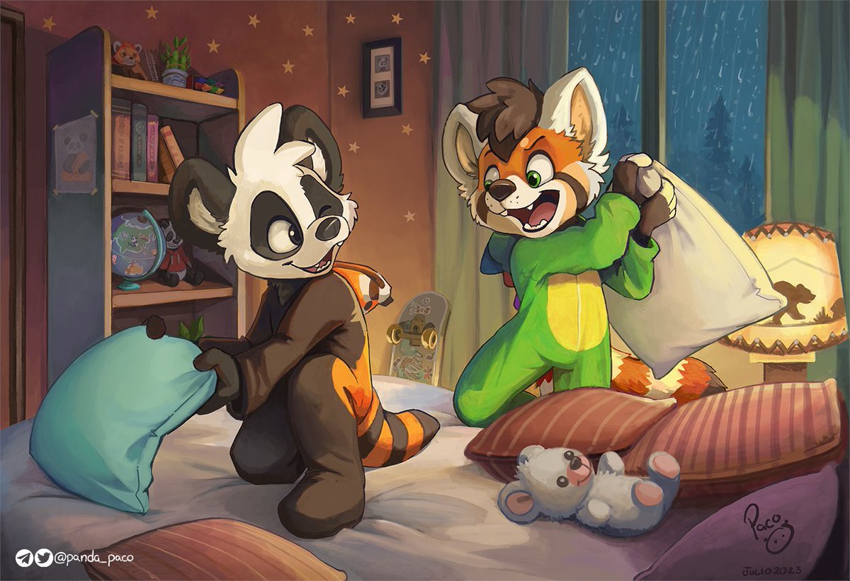 Paco and <a href="/Steelical/">Steel</a> having a panda sleepover after a long day of skateboard lessons. That night there was a heavy rain with many loud thunders, and a silly discussion ended up in a pillow fight. 

Digital. Photoshop / Procreate