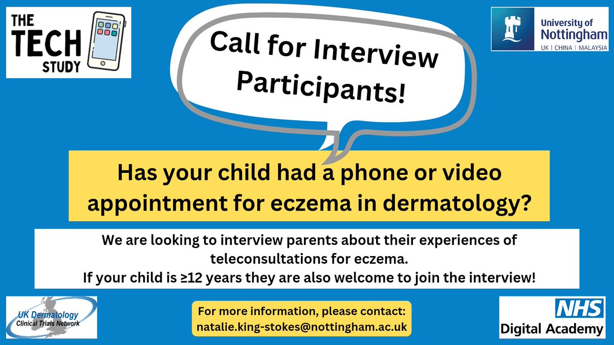 We are still looking for a couple more participants for our interview study!

If your child has had a dermatology teleconsultation for #eczema, we would love to hear about it!

If interested- please get in touch! Details below 👇🏻