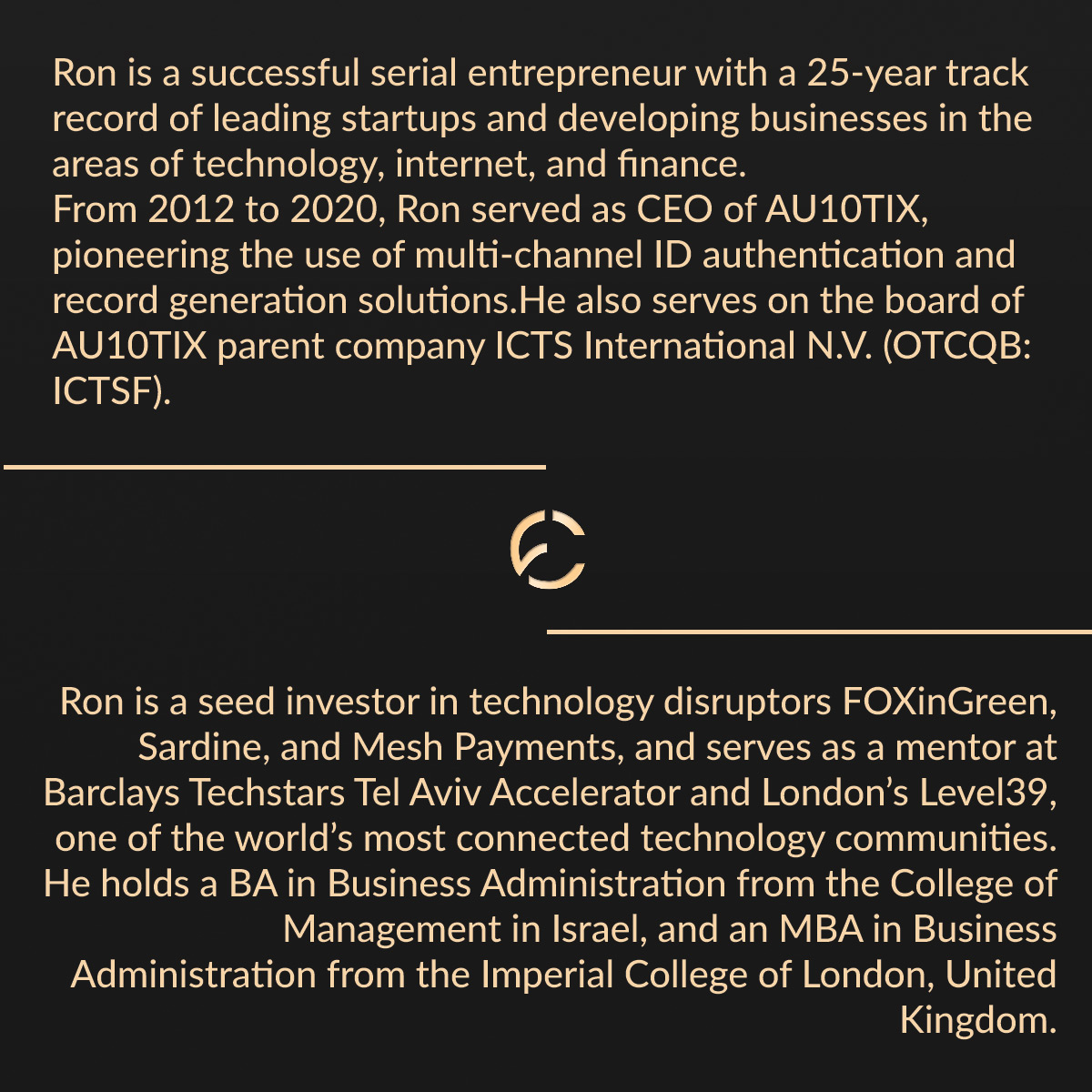 FinancialClubUS's tweet photo. Member Spotlight: @RonAtzmon, Co-founder &amp; Active Chairman, @AU10TIXLimited.
Ron has a 25-year track record of leading startups and building #technology, #internet, and #finance businesses.
Catch Ron at the member only gatherings in SF and NYC -> https://t.co/uATK1d3Glt https://t.co/iJxb5wgODc