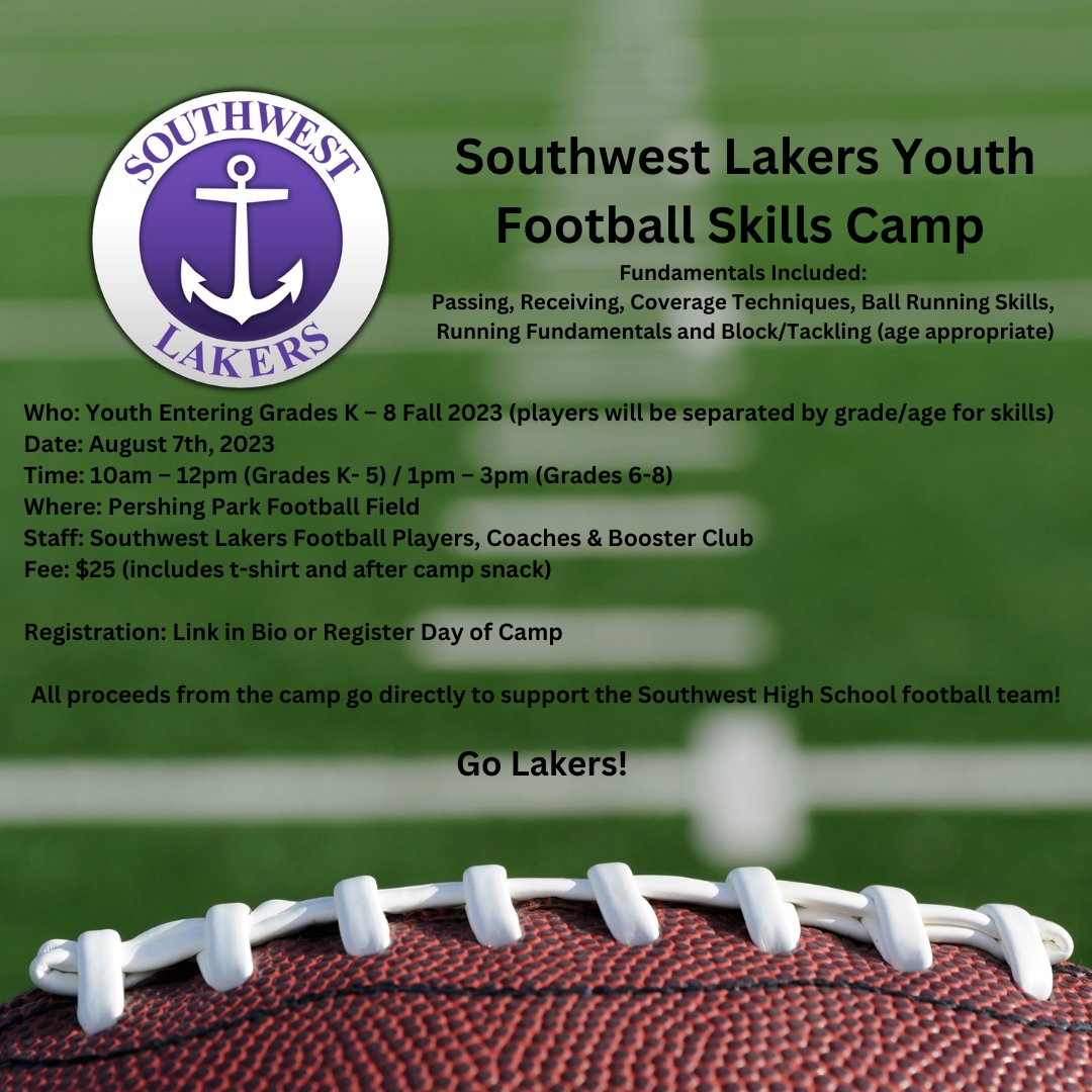 Come have some fun this summer with the Southwest Lakers Football Team - Players and Coaches! Registration is now open for the Youth Skills Football Camp! 🏈⚓️
*Click the link below to register
forms.gle/B4T9GGSQmNLYjo…