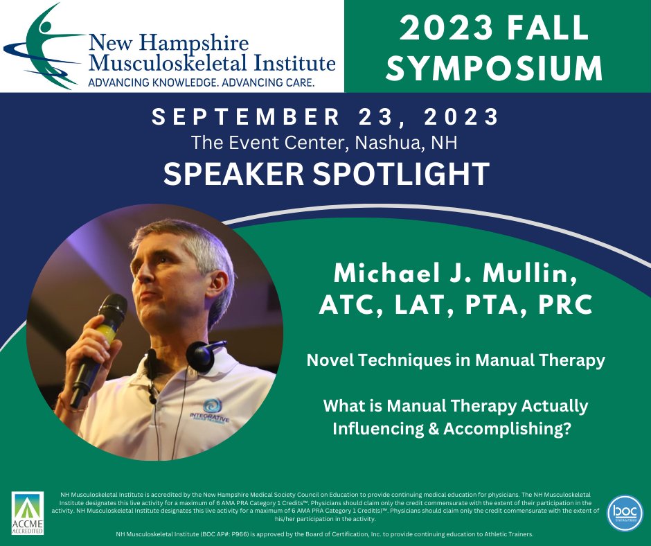 NHMI1994's tweet photo. Welcome Michael J. Mullin, ATC, LAT, PTA, PRC from #IntegrativeRehabTraining as a Speaker at the 30th Annual Fall Symposium!
Register today! Early Bird Deadline ends August 31, 11:59p ET
https://t.co/OxeixZOUMC
@mjmatc https://t.co/QU6NL6btKh