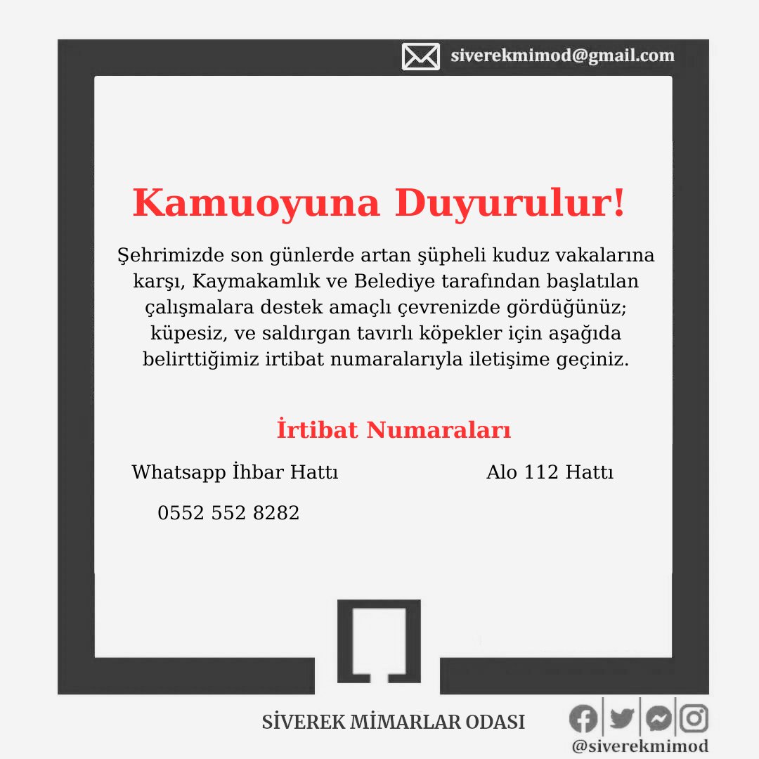 siverekmimod's tweet photo. 📢Duyuru!!!
Şehrimizde son günlerde artan şüpheli kuduz vakalarına karşı, Kaymakamlık ve Belediye tarafından başlatılan çalışmalara destek amaçlı çevrenizde gördüğünüz; küpesiz, ve saldırgan tavırlı köpekler için aşağıda belirttiğimiz irtibat numaralarıyla iletişime geçiniz. https://t.co/rIVYWAneMO