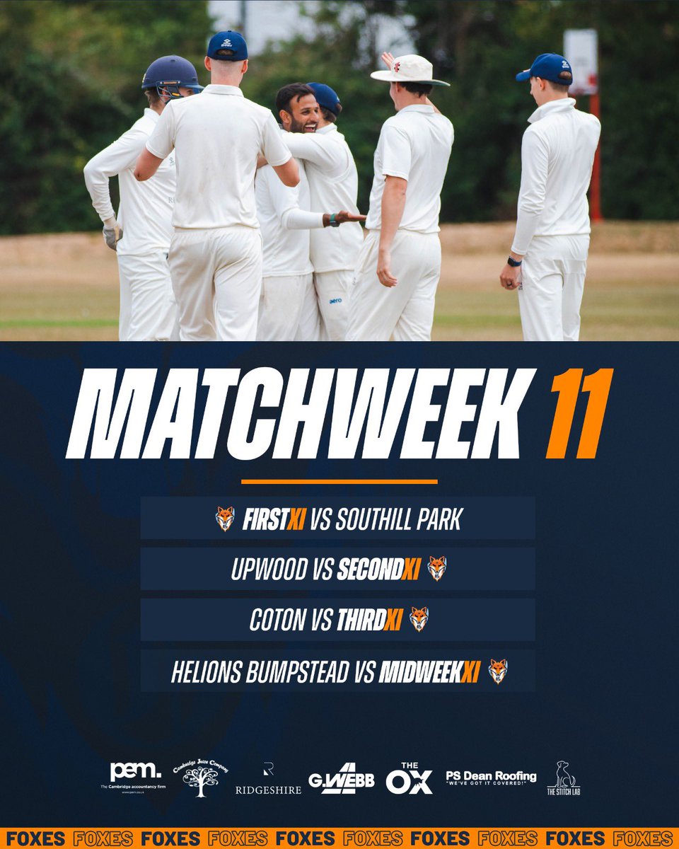 The fixtures for Matchweek 11! 🗓️

#MidweekXI vs Helions Bumpstead 

#1STXI vs <a href="/southillcricket/">Southill Park Cricket Club</a> 

#2NDXI vs <a href="/c_upwood/">Upwood Cricket Club</a> 

#3RDXI vs Coton

🦊 | #Foxes