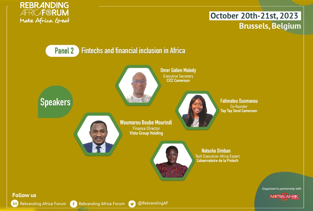 RebrandingAF's tweet photo. Are you interested in the latest trends in #Fintech and financial inclusion in Africa? Join us for panel 2 of the 9th edition of #RAF.
Distinguished experts will provide valuable insights.
@cicc_cameroon, @taptapsend, @vista_bank, @l_fintech
#RAF2023 #MakeAfricaGreat https://t.co/zutEdZtviX