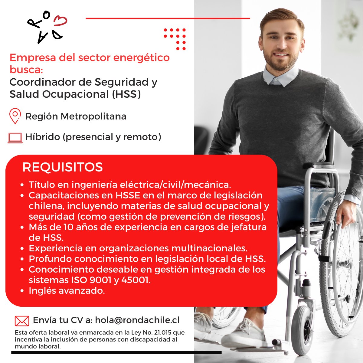 #HayPega | Empresa multinacional del rubro de la energía busca un Coordinador de Seguridad y Salud Ocupacional (HSS). Te invitamos a postular o compartir si conoces a alguien que cumpla los reuqisitos. #trabajoinclusivo #inclusión #trabajo #somosinclusion #fundacionronda