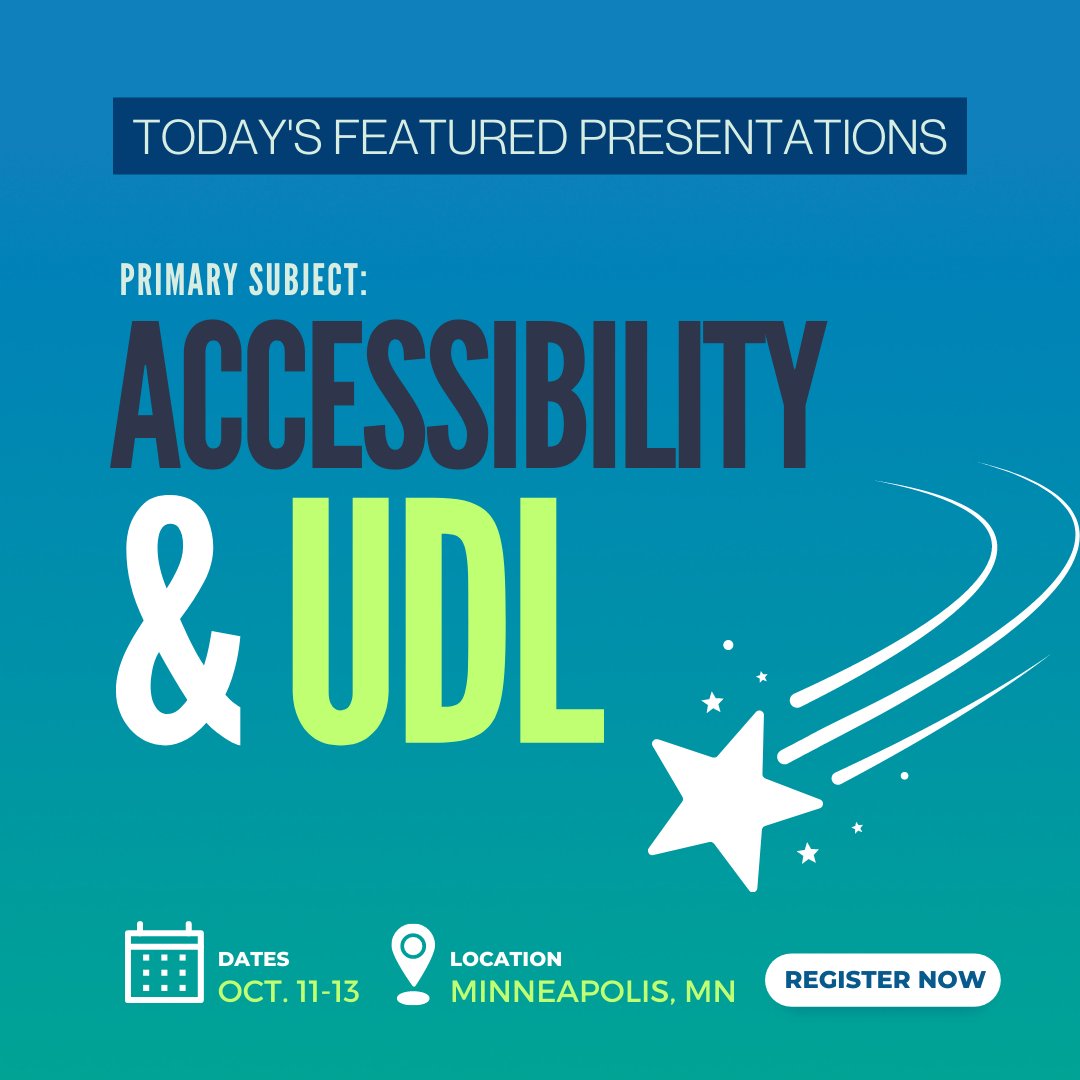 ATClosingTheGap's tweet image. Today's Featured Presentations - Accessibility &amp;amp; UDL! #CTG23

There are two more days to register at the early bird rate! (Rates increase July 16th)

Register now and SAVE! closingthegap.com/conference/pre…

#Accessiblity #AssistiveTechnology #AssistiveTech