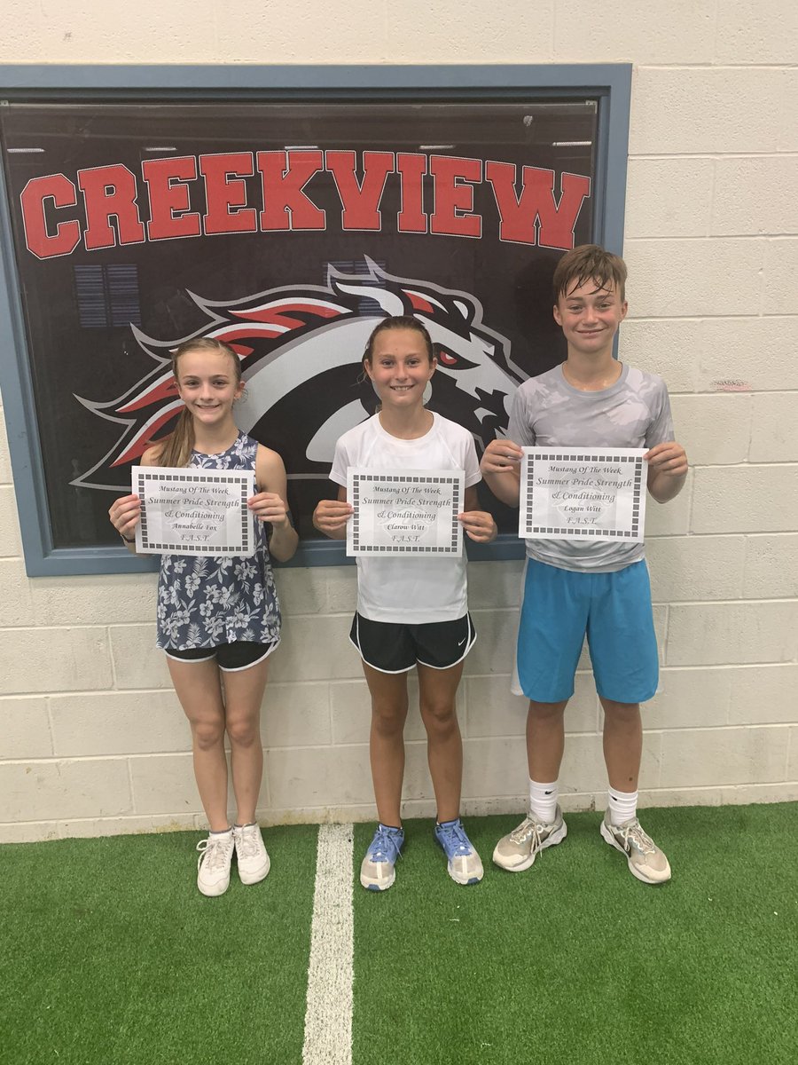 Congratulations to our Session 2 Mustang Of the week Annabelle Fox and Clarow Witt and Logan Witt Fortuna and Leilani Ferguson #FAST @CreekviewLeads @CreekviewPrinc @WarHorseNation @AthleticsDfl @CFBISD @RamirezCoach @PutterRenee