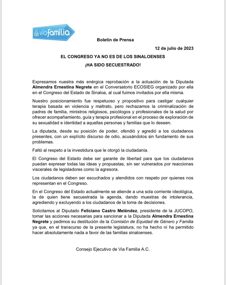 ViaFamilia1's tweet photo. La diputada de @PartidoMorenaMx @morenasi_ Almendra Ernestina Negrete, invitó a ciudadanos a participar en un conversatorio sobre ECOSIEG, y abusando de su investidura agravió con DISCURSO DE ODIO a sus INVITADOS. https://t.co/jkvY4hXnwg