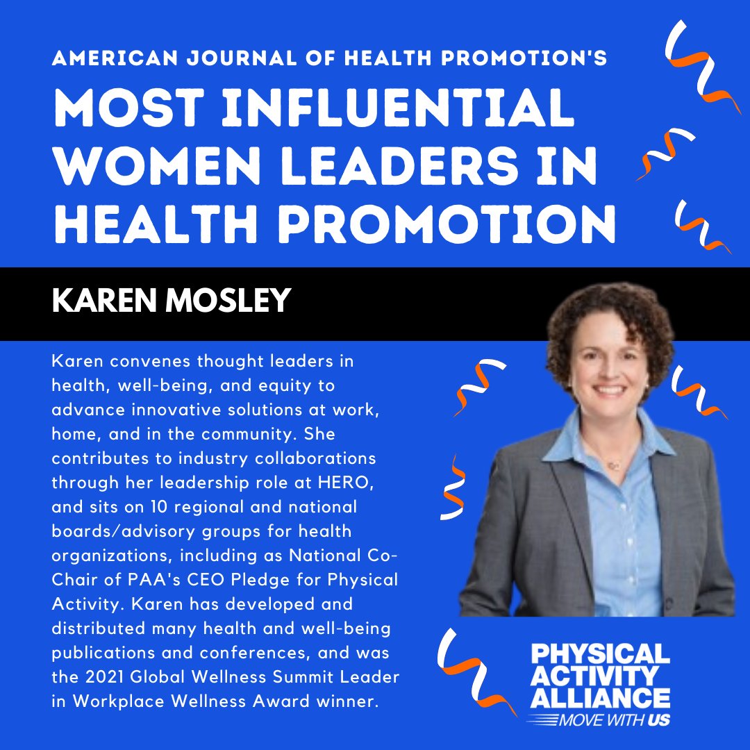 Physical Activity Alliance (@paamovewithus) on Twitter photo Congratulations to Karen Mosley, <a href="/HEROehm/">HERO</a> President, CEO, & national co-chair of PAA's #CEOPledge for #PhysicalActivity, for being named an AJHP "Most Influential Women in #HealthPromotion"!
The CEO Pledge seeks to get 10 million+ people more active 🏃♀️🧘♂️ journals.sagepub.com/doi/full/10.11… Congratulations to Karen Mosley, <a href="/HEROehm/">HERO</a> President, CEO, & national co-chair of PAA's #CEOPledge for #PhysicalActivity, for being named an AJHP "Most Influential Women in #HealthPromotion"!
The CEO Pledge seeks to get 10 million+ people more active 🏃♀️🧘♂️ journals.sagepub.com/doi/full/10.11…
