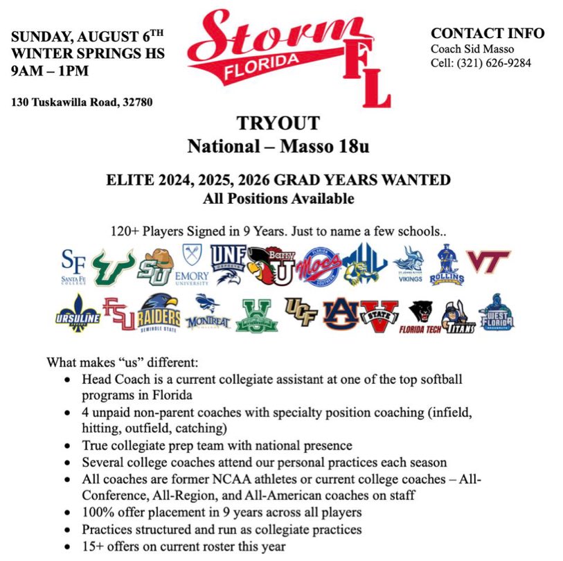 Don’t miss out on this opportunity! We have players being seen, recognized and recruited at all sanctions and divisions.  Show up and show out on August 6th! <a href="/JaxSoftball/">Jax/Florida Storm Softball</a>