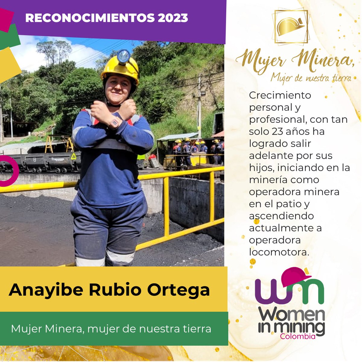 WIMColombia's tweet photo. Crecimiento personal y profesional, representan a esta #MujerMinera #MujerDeNuestraTierra👷🏻‍♀️⛏. Con tan solo 23 años, ha logrado salir adelante por sus hijos, iniciando en la minería como operadora minera en el patio y ascendiendo a operadora locomotora. ¡Felicidades!#WIMColombia https://t.co/4Ufg28rqFE