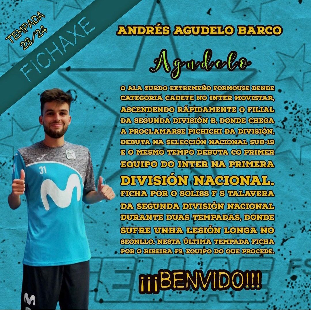 💥 🔄 FICHAJE / 2ªB 🇪🇦 💥

🗞️ El jugador <a href="/Agudelo13193/">Andrés Agudelo</a> 🇪🇦 es nuevo fichaje del <a href="/StellaeFS/">Stellae F.S.</a> 💛 para la temporada 2023/2024, procedente del <a href="/RibeiraFS/">Club Ribeira Fútbol Sala</a> 💙🩷 de 3ª División 🇪🇦. ¡Mucha suerte al club y al jugador en su etapa juntos! 👏🏻

#Padrón #ACoruña #Coruña #RibeiraDePiquín #Lugo