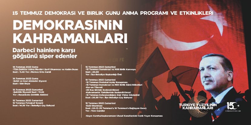 15 Temmuz Demokrasi Ve Birlik Günü Anma Programına 

Tüm Horasanlı Hemşehrilerimiz davetlidir.

🗓️15 Temmuz Cumartesi
⏰20.00
📍Horasan Belediyesi Önü