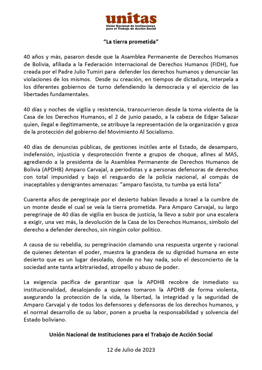 ErbolDigital's tweet image. #Unitas emite pronunciamiento a favor de Amparo Carvajal, en el marco del conflicto por la Asamblea Permanente de Derechos Humanos (APDHB).