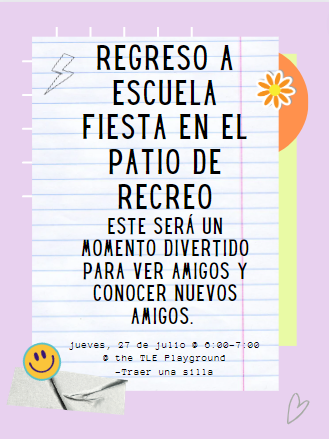 🎉🥳Attention TLE Families! Please join us for our Back to School Party at the Playground Thursday, July 27th from 6:00-7:00 pm! This will be an informal time of fun to reconnect! We hope to see you there and we encourage you to bring a lawn chair😎