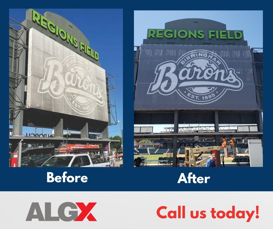 AlabamaGraphics's tweet photo. Out with the old signage and in with the new at Regions Field for the @BhamBarons 
We’re here for your oversized graphic needs. Give ALGX a call today! https://t.co/lodAMyoV9m
