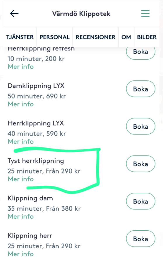 Jeg hyller vår lokale frisør her på Värmdö. Enestående!

"Denna tjänst är för dig som vill sitta i lugn och ro utan småprat under klippningen. Konsultation &amp; styling ingår."