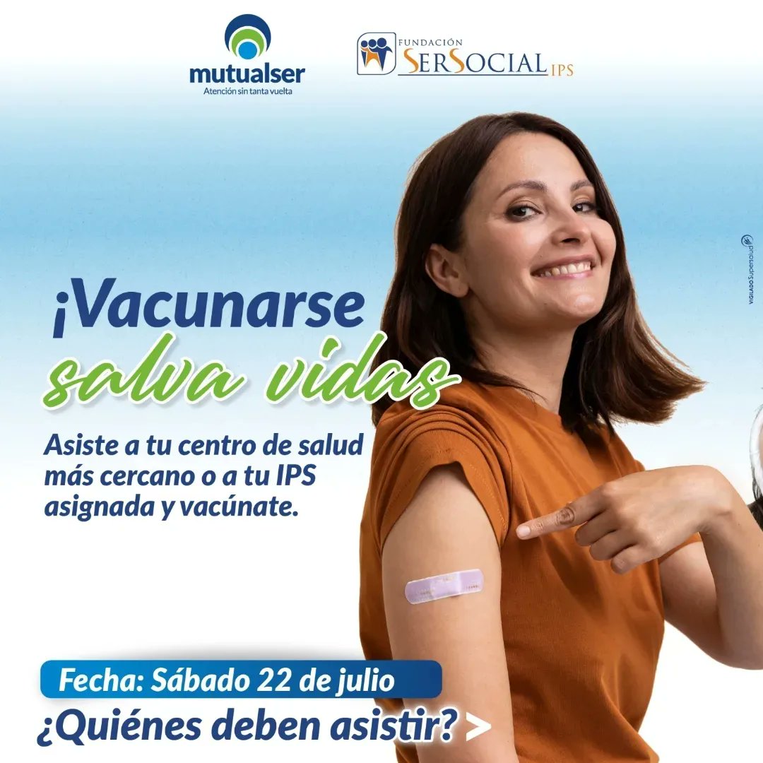 mutualser_'s tweet photo. Asiste a la Jornada Nacional de Vacunación en tu centro de salud más cercano o en tu IPS asignada.
¡vacúnate y hazlo por los tuyos!
Porque vacunarse salva vidas.💉
Te esperamos este próximo sábado 22 de julio.
#mutualser #mutualpensandoenti #Vacunación https://t.co/AIarjsdfse