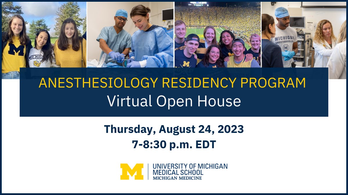 UMichAnesthesia's tweet image. 📢Calling all #Match2024 anesthesiology applicants: Registration is now open for our residency virtual open house! Join us on Zoom to learn about our program, hear from leadership &amp;amp; chat with residents.

Thursday, Aug 24
7-8:30 p.m. EDT
Register ➡️ michmed.org/KqmJx