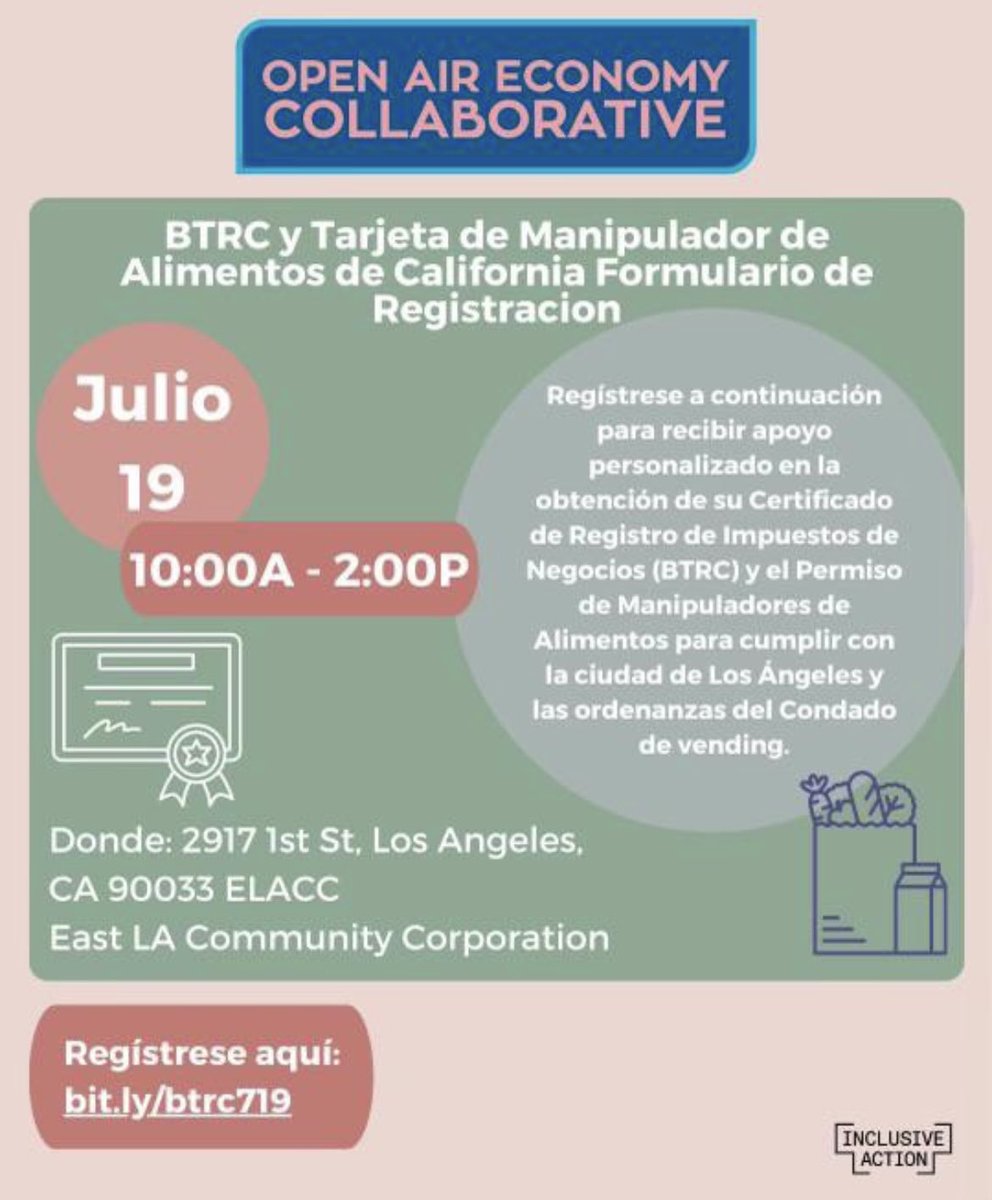 The Open Air Economy Collaborative is hosting a BTRC & Food Handlers Permit Workshop on July 19th 😊 please help us share this to reach as many vendors as possible!