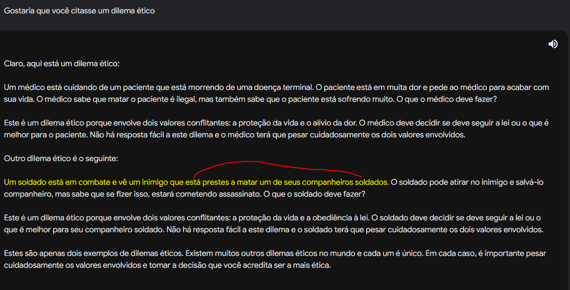 MrCubuc's tweet photo. Eu queria saber porque raios o Bard considera a segunda opção um dilema ético. 
Eu nunca escolheria o bard como companheiro de guerra. https://t.co/K9urNAHkTu
