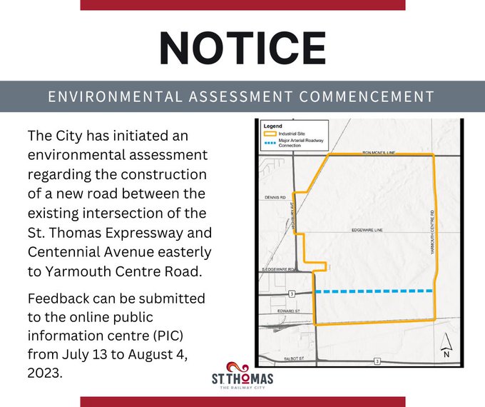 REMINDER– ENVIRONMENTAL ASSESSMENT COMMENCEMENT & PUBLIC INFORMATION CENTRE OPENING The online public information centre (PIC) is now open for submission. Visit stthomas.ca/cms/one.aspx?p… to learn more about this project and submit your comments to the City. #therailwaycity