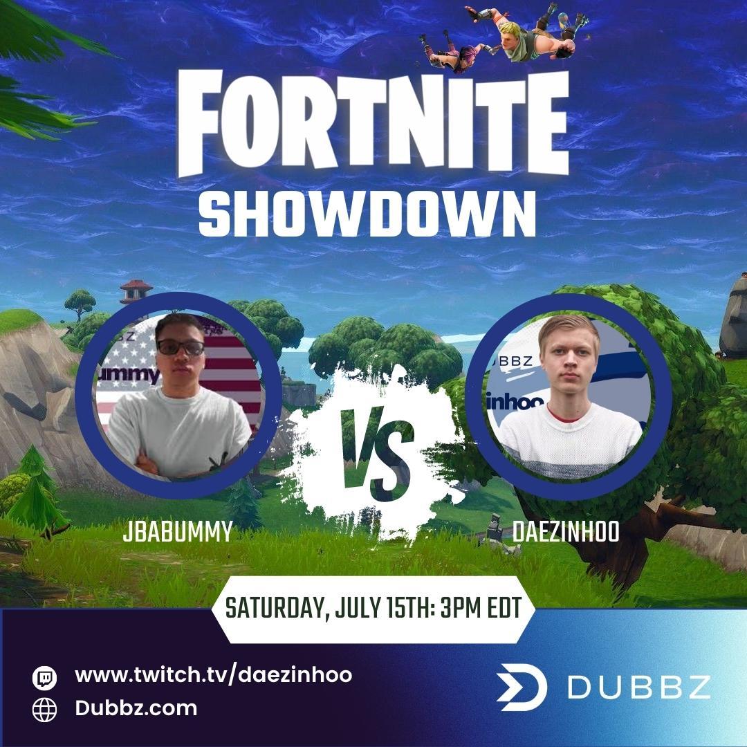 #Fortnite Pro challenge hosted by #Dubbz

<a href="/Jbabummy/">JBAbummy</a> Vs <a href="/DaeZinhoo/">DaeZinhoo</a> 
Saturday, 15th at 3pm EDT

Stream live: twitch.tv/daezinhoo
Giveaway Quest ⬇️
sesamelabs.xyz/dubbz/referral…

More info: medium.com/dubbz

@playdubbz I #Ripple I $XRP
$DUBBZ I #Coinbase I #pump
#gamedev I #ETH