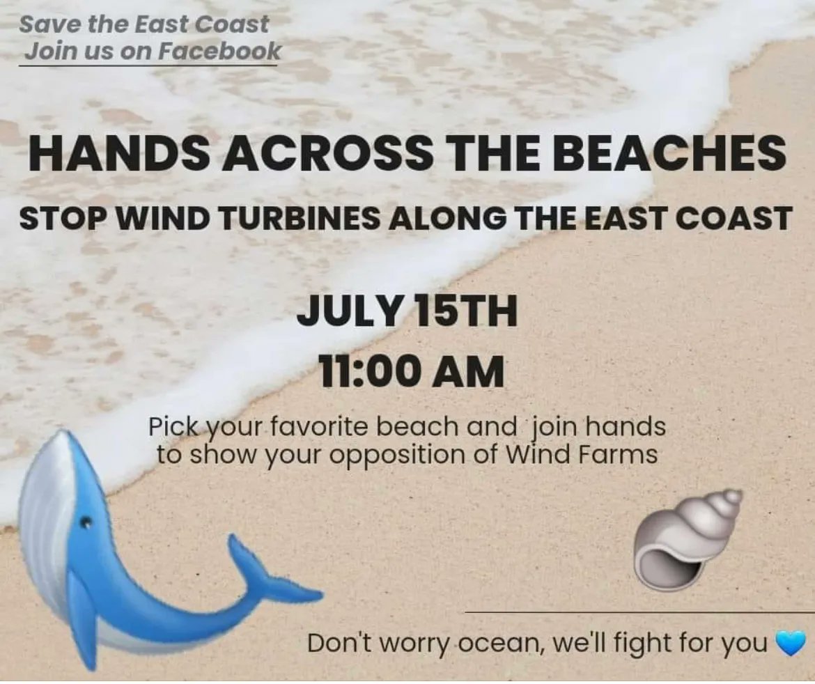 NJ Please Retweet
SAT JUL 15, 11AM - Join Save the East Coast on your favorite beach in joining hands to show your opposition to the #offshorewind turbine project! Bring friends, family, yard signs, flyers, and energy to your favorite beach next Saturday at 11AM! SPREAD THE WORD!… https://t.co/6DoZiUVEXg https://t.co/zIYz1Jgps2