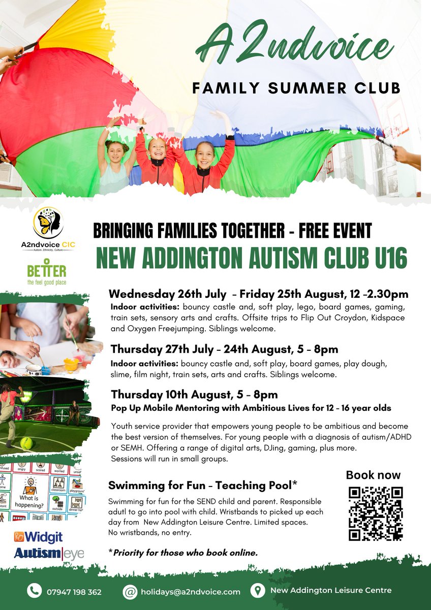 A2ndVoice's tweet image. Thank you to our funder and supporters.

Free sessions for #autistic children and families.. 
From 26th July to 25th August.
Essential to book in advance. 
a2ndvoice.pembee.app/activity/64ad0…

This is not a #HAFProgram