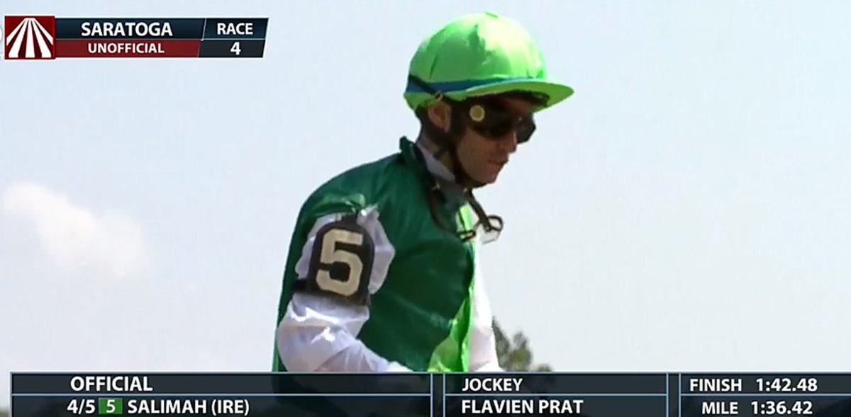 Congrats to Flavien Prat on winning his first race on a Saratoga Opening Day in today's 4th aboard Chad Brown's Salimah (IRE). <a href="/PegramBrad/">Brad Pegram</a> 

Prat lifetime at SAR: 45-218, 21%