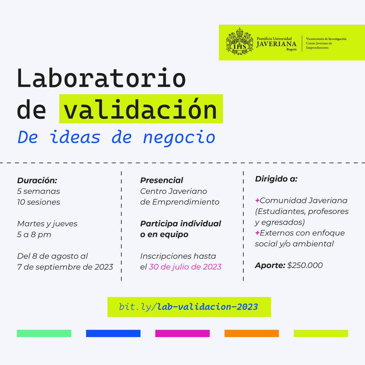 Hoy lanzamos oficialmente el #laboratorio de #validación de ideas de negocio✨

Si tienes una idea o iniciativa de #emprendimiento pero tienes dudas sobre tu cliente, el problema o solución que estás abordando, este programa es para ti!

Inscripciones: bit.ly/lab-validacion…
