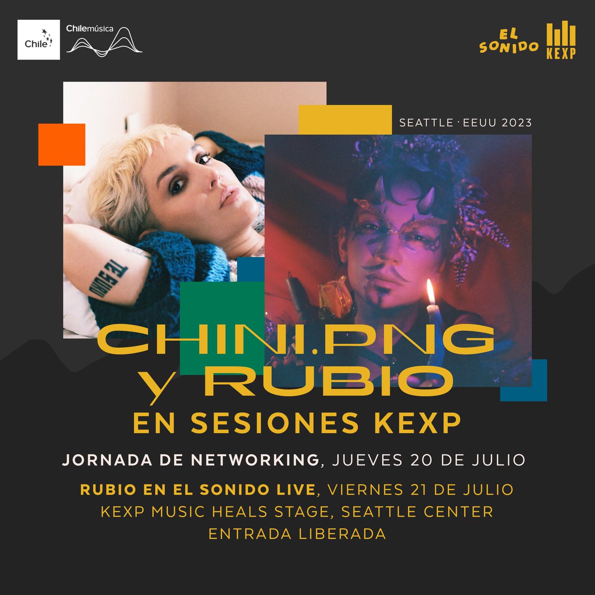Nos vamos a la ciudad del Grunge para llevar propuestas chilenas a <a href="/kexp/">kexp</a>, una de las plataformas radiales y públicas más importantes de 🇺🇸.
-<a href="/Rubiomusic_/">Rubio</a> + Chini.png en Sesiones KEXP
-Rubio en El Sonido Live!
-Panel de Chilemúsica + <a href="/BIMEnet_/">BIME</a> <a href="/theLAMC/">LAMC</a> <a href="/RollingStone/">Rolling Stone</a> <a href="/ConsulMexSEA/">ConsulMex Seattle</a>
