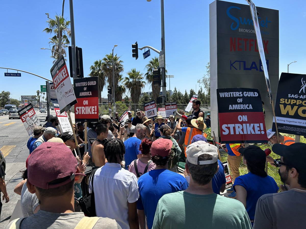 WGAWest's tweet image. Gathering up at Sunset &amp;amp; Van Ness for @sagaftra’s presser #SAGAFTRAstrong #1u  #SAGAFTRAstrke
