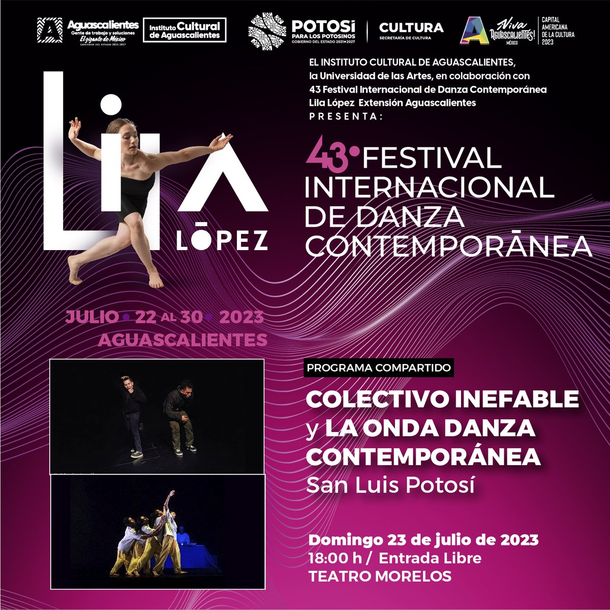 UArtes_Ags's tweet photo. 🙌🏻Compartimos contigo programación del 43ª Festival Internacional de #Danza Contemporánea Lila López #Aguascalientes, que se llevará a cabo en el Teatro Morelos y en la Caja Negra de la @UArtes

👁️Consulta la programación completa aquí: https://t.co/TAIkAFhfoj

#FestivalLilaLópez https://t.co/WwVBQv4MZ7