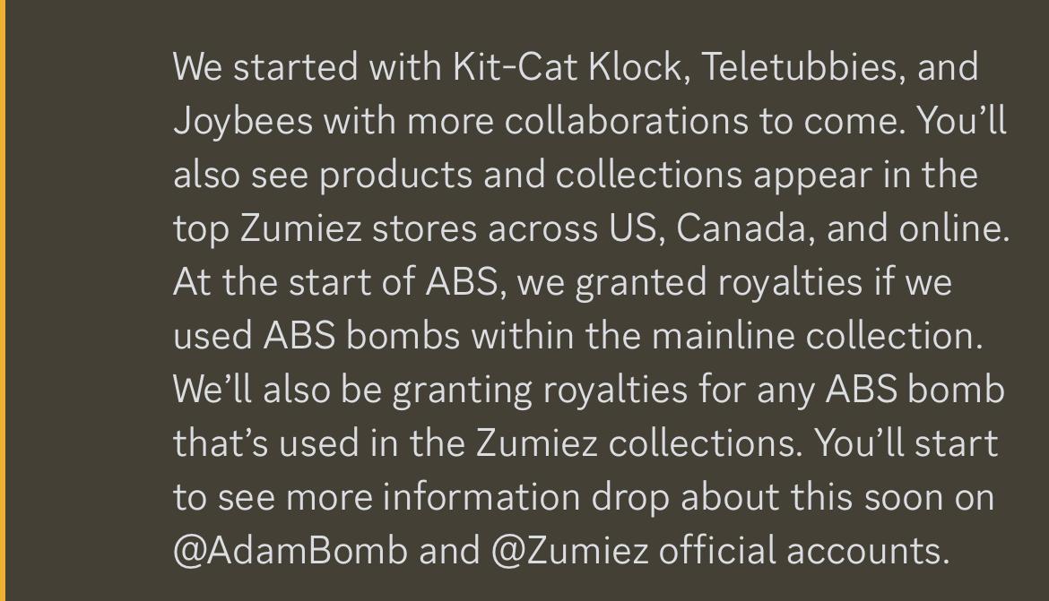 ASTOUNDING NEWS for @AdamBombSquad NFT holders! 'We’ll also be granting royalties for any ABS bomb that’s used in the Zumiez collections. You’ll start to see more information drop about this soon on @AdamBomb and @Zumiez official accounts.' Dang! All the stuff other