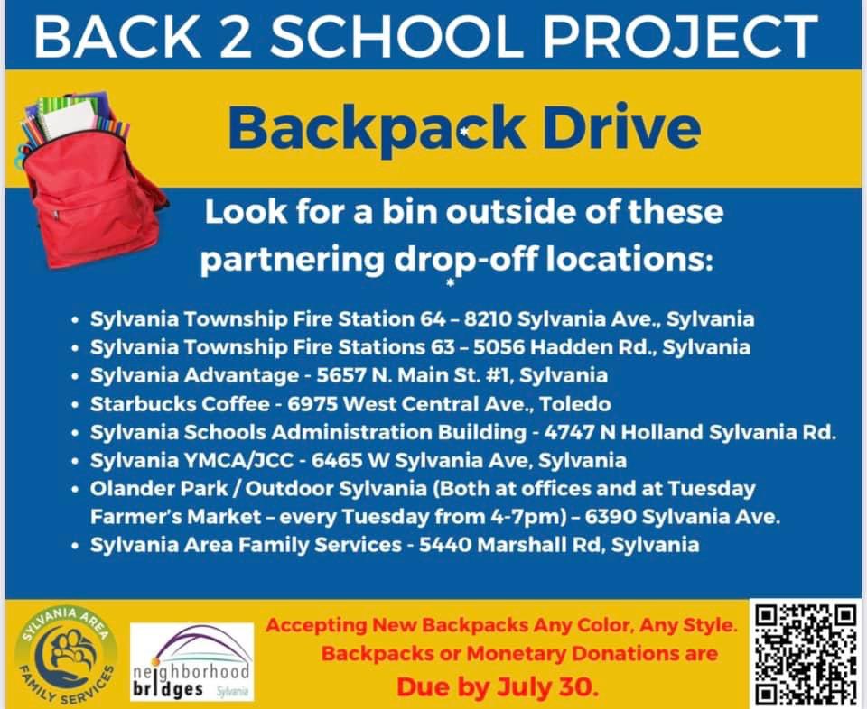 MellisaMcDonald's tweet photo. ⭐️We are collecting new backpacks for students in Sylvania Schools! Drop them off at any of the drop off locations listed below⭐️

Thank you for considering! https://t.co/3wlYj6Z5m4