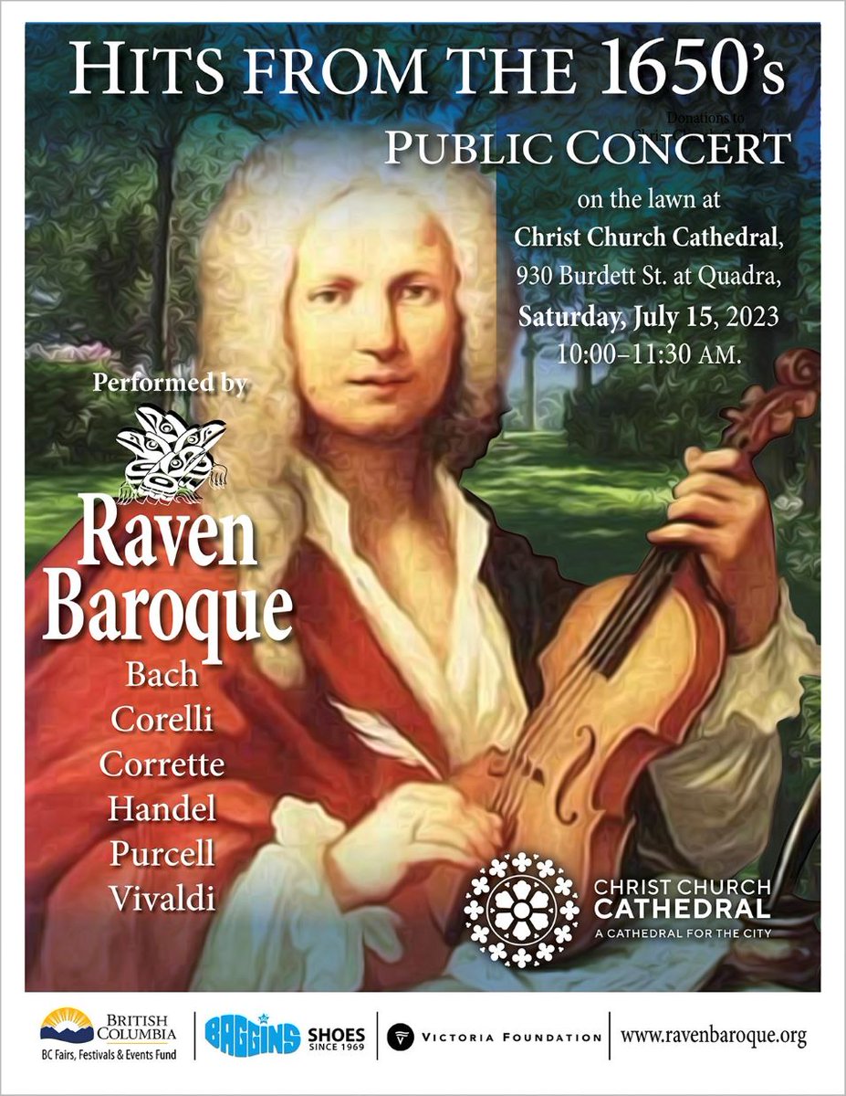 Raven Baroque perform Hits From The 1650s
On Saturday from 10am - 11.30am, come and relax on the lawn outside Christ Church Cathedral while listening to Raven Baroque perform music by Bach, Corelli, Corrette, Handel, Purcell, and Vivaldi.  By donation.