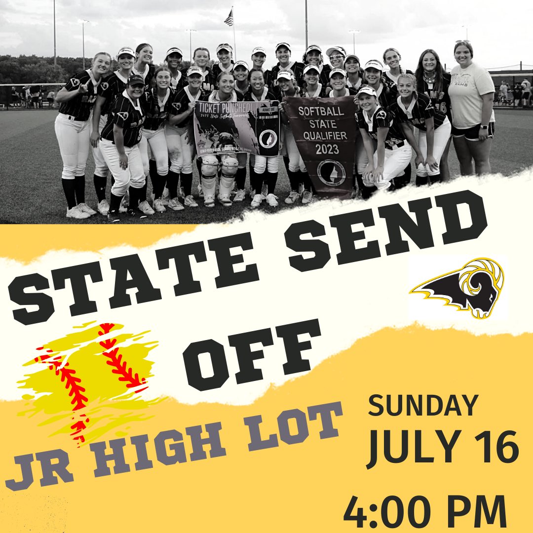 BoosterSep's tweet photo. Please join us this Sunday in the Jr High parking lot or along SE 80th between the schools as we send off the SEP Softball team to the State Tournament in Ft Dodge! 💛🥎🖤🐏 https://t.co/0844FiNc2X