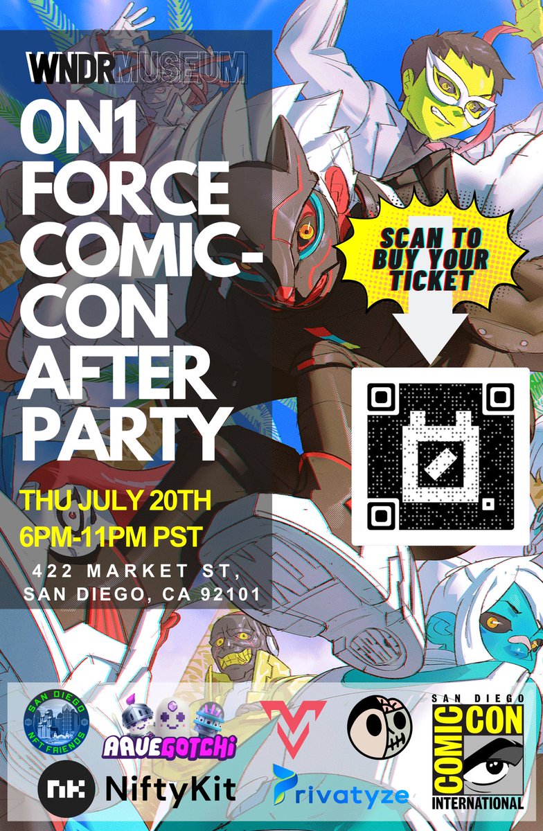 We’re honored to officially announce next Thursday, July 20th we are hosting <a href="/0n1Force/">ONI FORCE</a>’s Comic-Con after party at <a href="/wndrmuseum/">WNDR Museum</a> from 6-11pm PST! 🎉

Special thank you to our sponsors who continue to build alongside us!
<a href="/aavegotchi/">Aavegotchi 👻🟦 Now on Base!</a> 
<a href="/Voyce_Me/">Voyce.Me</a> 
<a href="/Goonz_World/">Now badbad</a> 
<a href="/NiftyKitApp/">NiftyKit</a> 
<a href="/privatyze/">Privatyze</a>