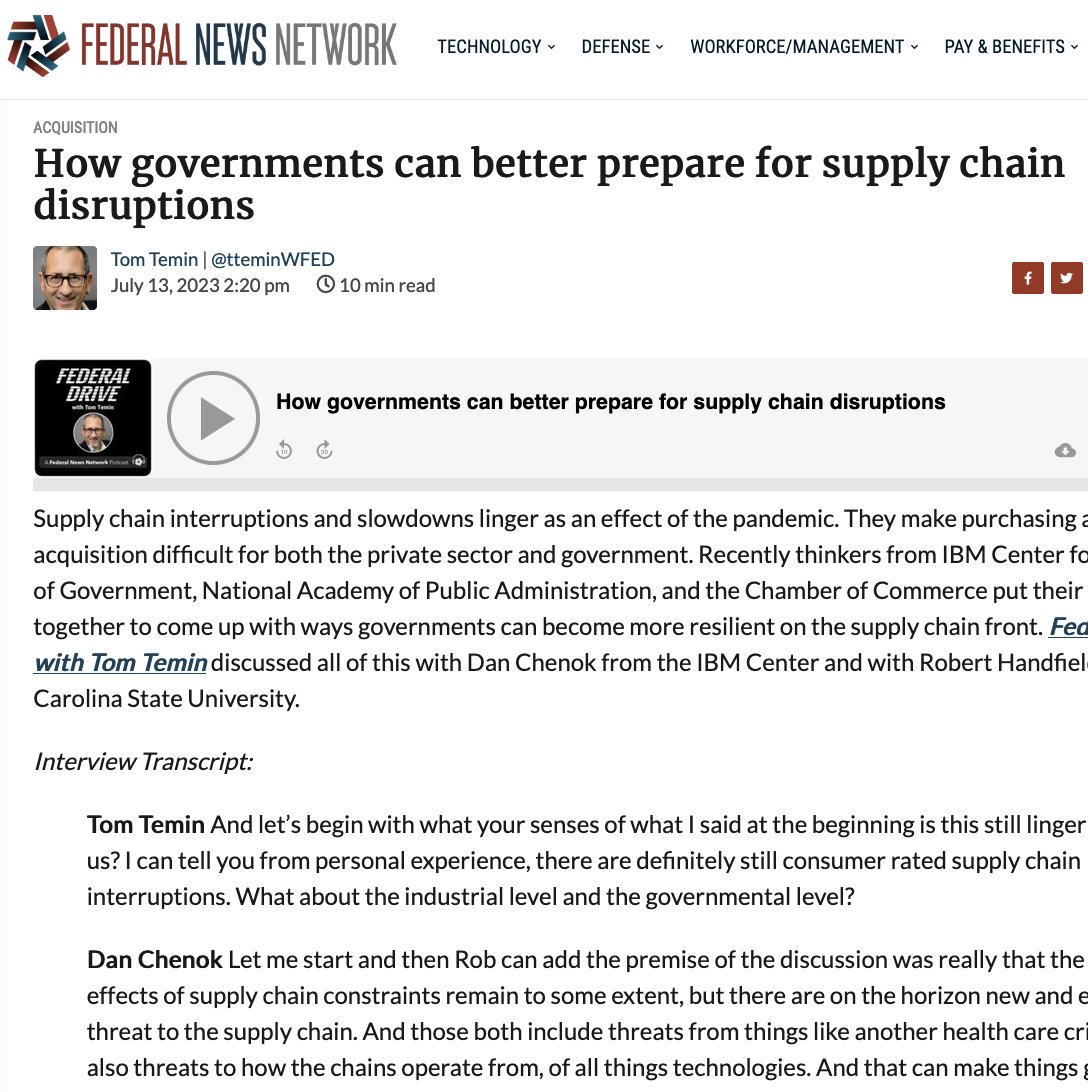 'How governments can better prepare for supply chain disruptions'. Listen to the podcast with @tteminWFED @FederalDrive @dchenok and @Robhandfield @SupplyChainNCSU.   @FederalNewsNet buff.ly/3JWsFTm
