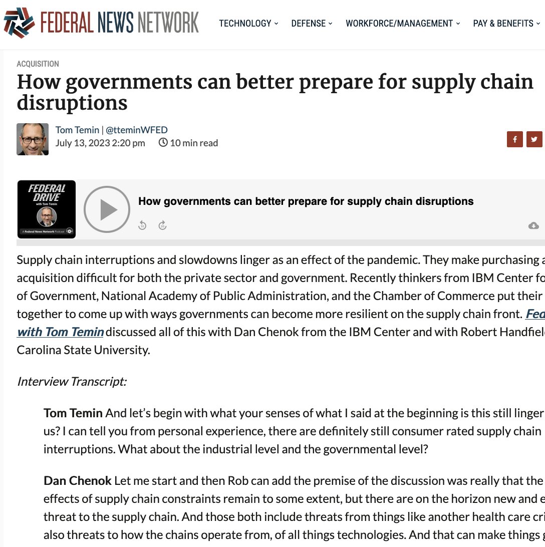 Business of Gov't (@busofgovernment) on Twitter photo "How governments can better prepare for supply chain disruptions". Listen to the podcast with <a href="/tteminWFED/">Tom Temin</a> <a href="/FederalDrive/">Federal Drive with Tom Temin</a> <a href="/dchenok/">Daniel J Chenok</a> and <a href="/Robhandfield/">Robert Handfield</a> <a href="/SupplyChainNCSU/">NCState Supply Chain</a>. <a href="/FederalNewsNet/">Federal News Network</a> buff.ly/3JWsFTm "How governments can better prepare for supply chain disruptions". Listen to the podcast with <a href="/tteminWFED/">Tom Temin</a> <a href="/FederalDrive/">Federal Drive with Tom Temin</a> <a href="/dchenok/">Daniel J Chenok</a> and <a href="/Robhandfield/">Robert Handfield</a> <a href="/SupplyChainNCSU/">NCState Supply Chain</a>. <a href="/FederalNewsNet/">Federal News Network</a> buff.ly/3JWsFTm