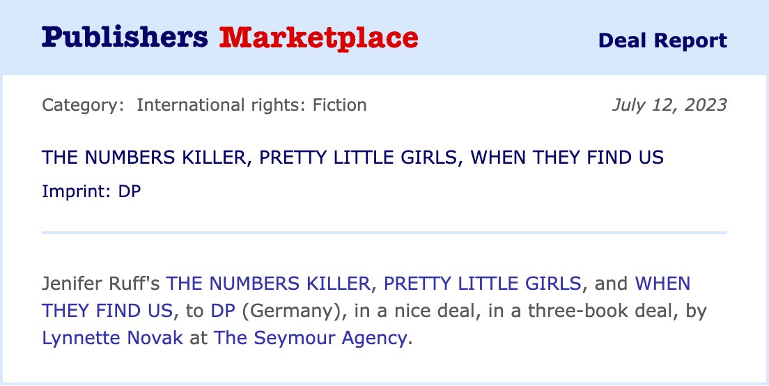 Woohoo!!! Congrats to <a href="/Jen_Ruff/">Jenifer Ruff</a> on her 3-book sale to Germany!!! <a href="/seymouragency/">The Seymour Agency</a> #thrillers