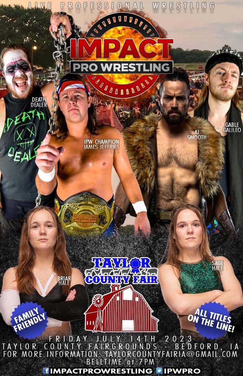 MidnightGuthrie's tweet photo. Come see Captain Midnight Guthrie this Friday night in Bedford, Iowa at the Taylor County Fair! @IPWpro
#CaptainMidnight #DrWrestling #BMITW #RegisPhilbinOfProfessionalWrestling #HisHighestMetropolitanDivine #iowa #prowrestling #countyfair #TaylorCountyFair #Bedford https://t.co/RsYwmgQajl