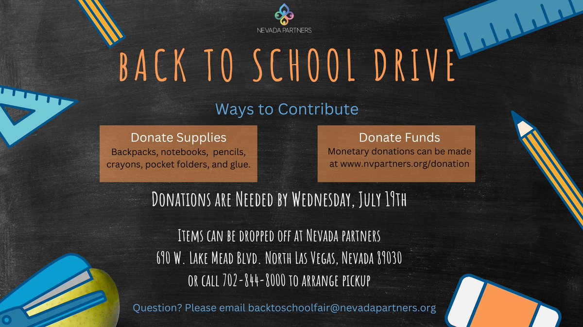 NVPartnersLV's tweet photo. Help school-age children in our community get the supplies they need for the upcoming year! Nevada Partners is hosting a #BacktoSchoolDrive to support our annual Back to School Fair next Saturday. All donations are appreciated and will be used as a valuable community resource. https://t.co/I3htsX48FB