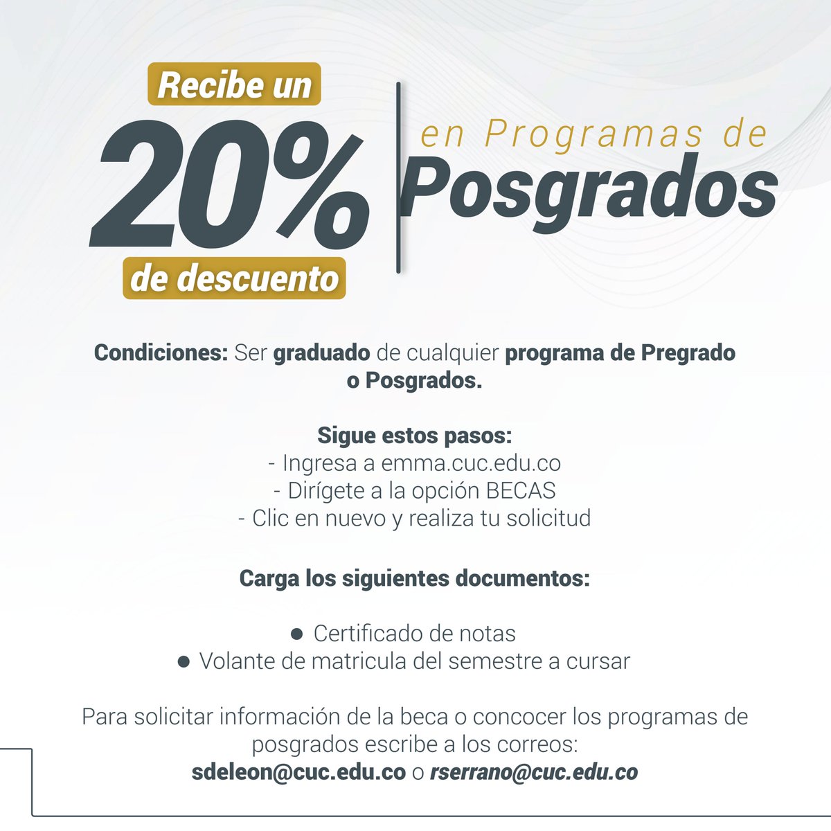 GraduadosCUC's tweet photo. ¡Aprovecha los beneficios de nuestras becas para graduados! Solicita tu beca directamente en el siguiente enlace: https://t.co/wM1EKmW6eX

Para mayores informes escribenos a graduados@cuc.edu.co
Aplica terminos y condiciones.

#GraduadosUniCosta @UniCostaCOL https://t.co/GrRXEo0XBG
