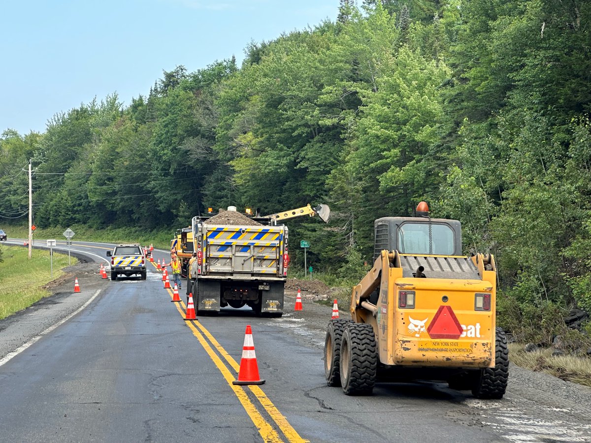 NYSDOT's tweet photo. This crew completing storm cleanup operations is hard at work in Hamilton County today and others just like them throughout NYS. We’re grateful for all their dedication and skill in restoring the impacted roads and bridges. #DriveSafe @NYSDOTUtica https://t.co/1kwIQY68mJ