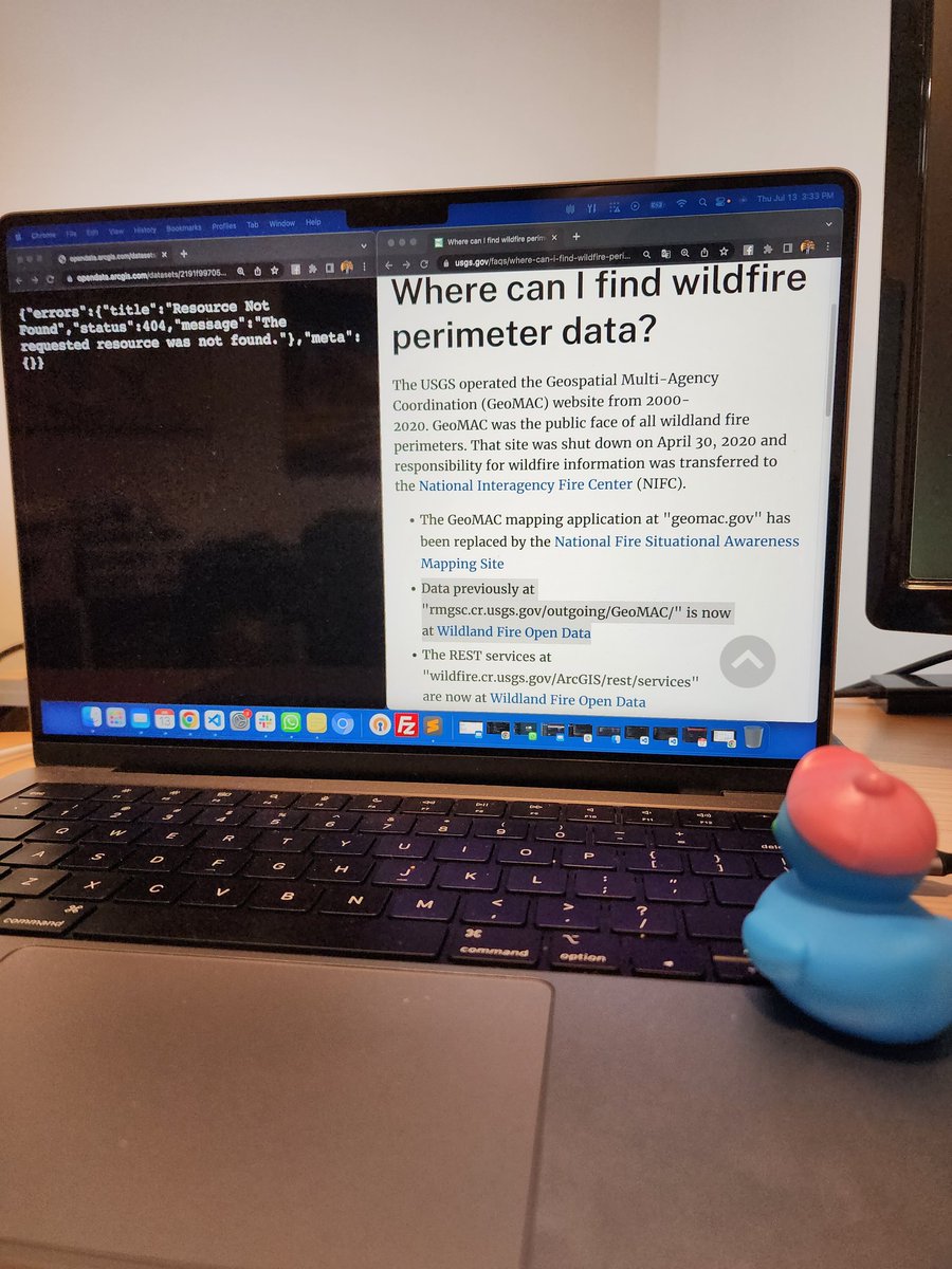 developerduck_'s tweet image. The fire perimeters layer stopped updating. Turns out the api was moved to another site. #jobwelldone #rubberduck #rubberduckprogramming #developers