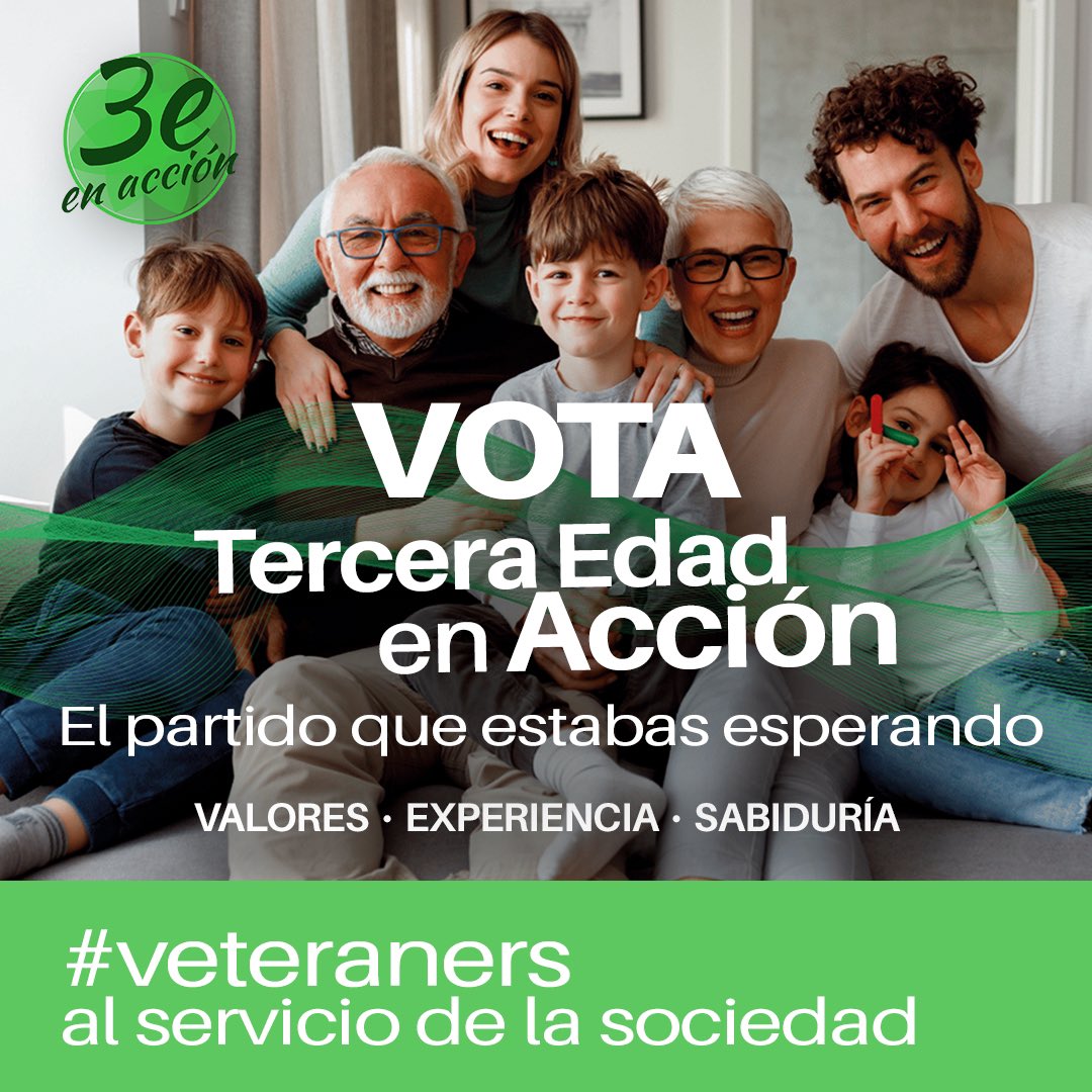 3edadenAccion's tweet photo. En Tercera Edad en Acción, creemos en una sociedad basada en el respeto mutuo, la educación de calidad y la justicia para todos. ¡Construyamos un futuro mejor juntos! 🙌🏽

#VotaTerceraEdadEnAcción #AcciónParaMayores #PartidoEnAcción #23J #veteraners https://t.co/PGmMb5nG6S