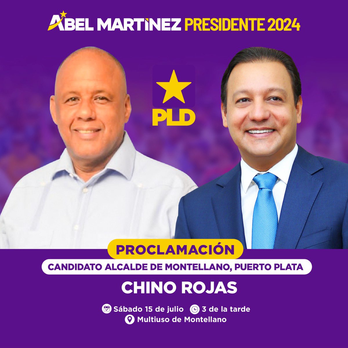 AbelComunicaRD's tweet photo. Puerto Plata 📍

Este sábado 15 de julio, Abel Martínez proclamará a los candidatos a alcalde por Montellano y Guananico: Chino Rojas y Leonardo Francisco son los seguros ganadores en las municipales de febrero 2024.

#AbelPresidente24 https://t.co/3iGhrT2KQ3